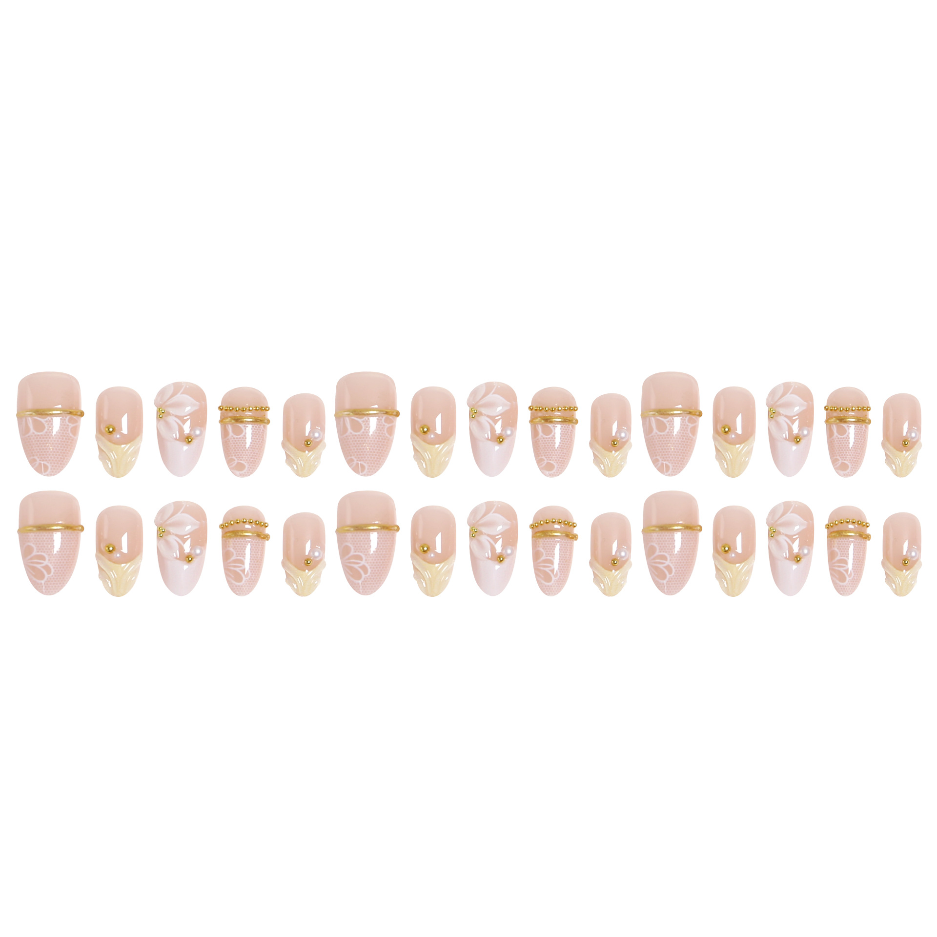 30Pcs Elegant Floral Press On Nails Set, Nude Pink Glossy False Nails with Gold Line Design, Reusable DIY Manicure Full Cover Nail Tips for Women & Girls view 6