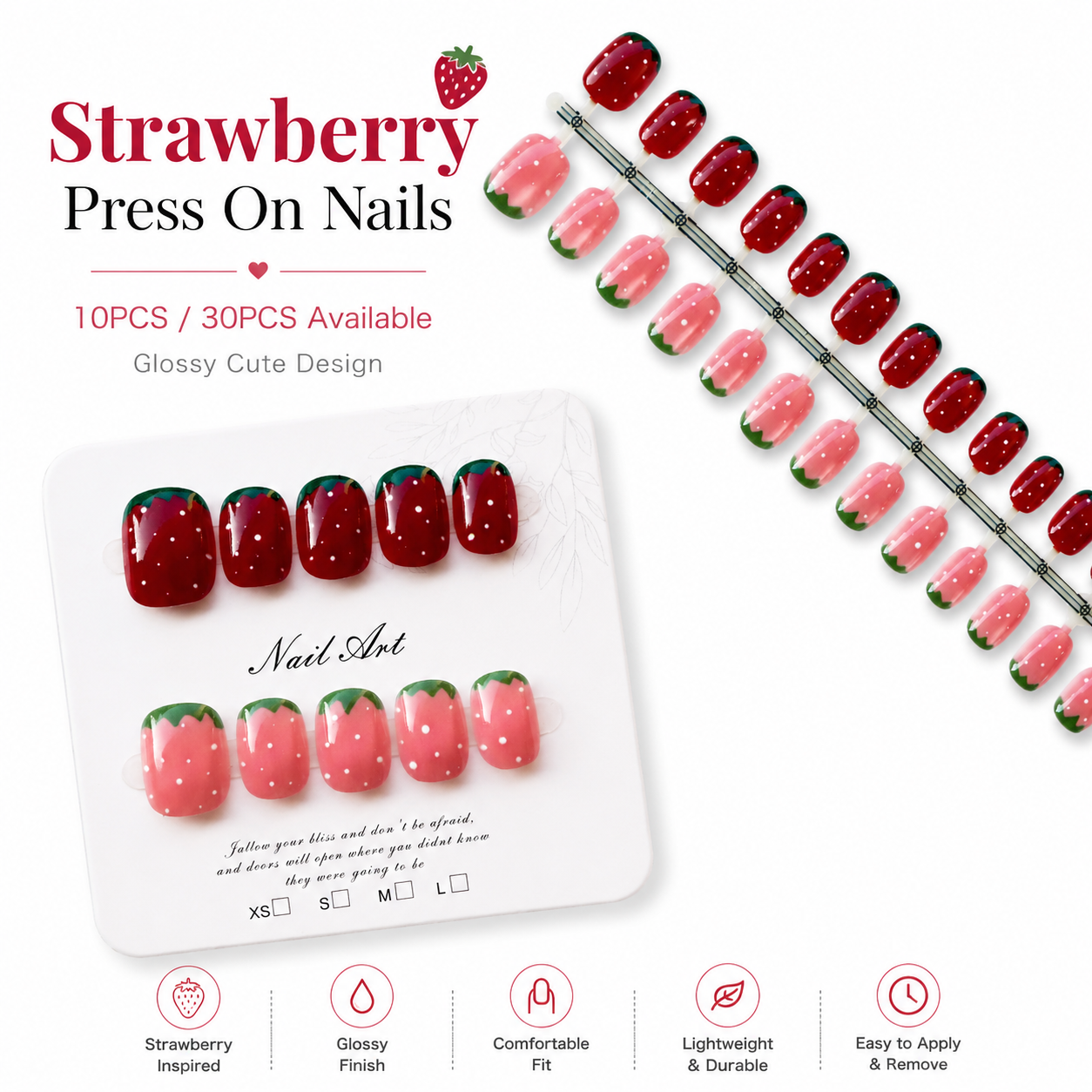 10/30PCS Strawberry Press On Nails Set Glossy Red Pink Short Fake Nails Cute Fruit Design with Adhesive Tabs for Women Girls DIY Manicure