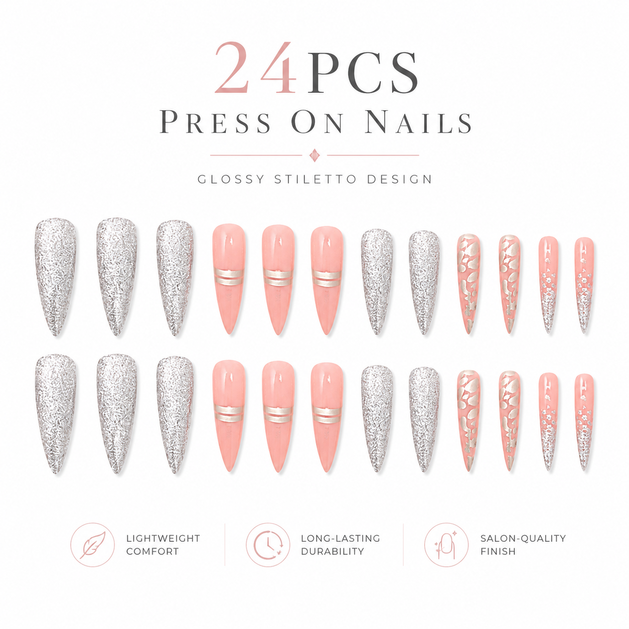 24PCS Pink Silver Glitter Press On Nails Set Long Stiletto Fake Nails Glossy Party Nail Tips for Women Girls