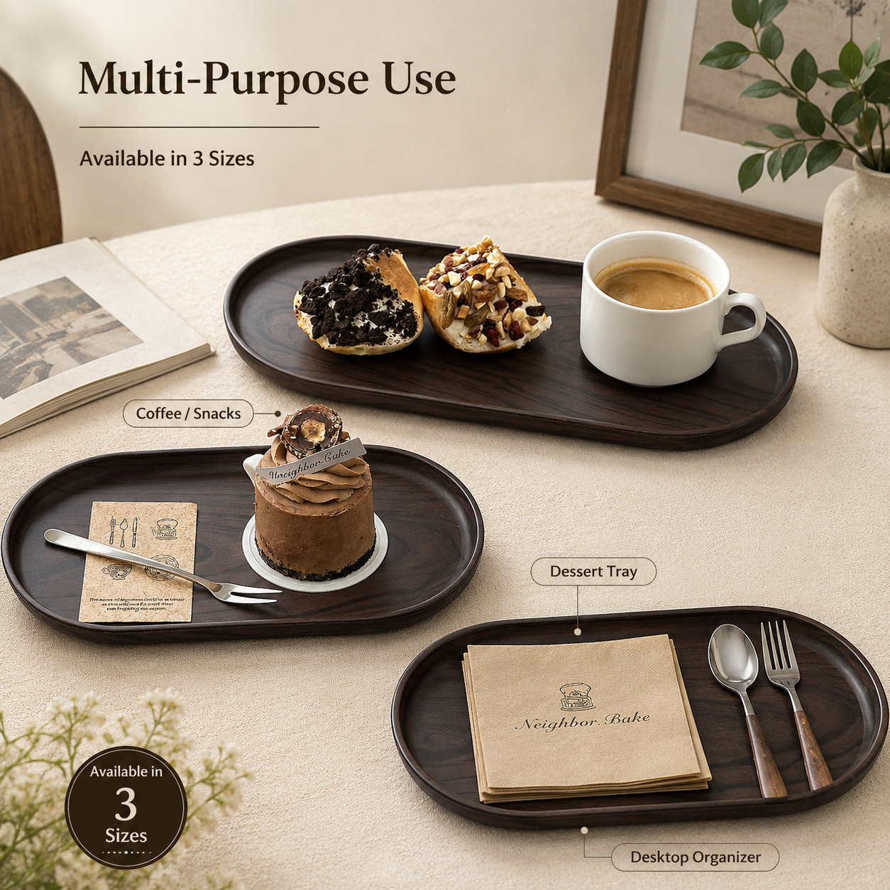 Wooden Serving Tray Large Medium Small Oval Coffee Snack Tray Decorative Food Tray Table Organizer Home Kitchen Restaurant Use