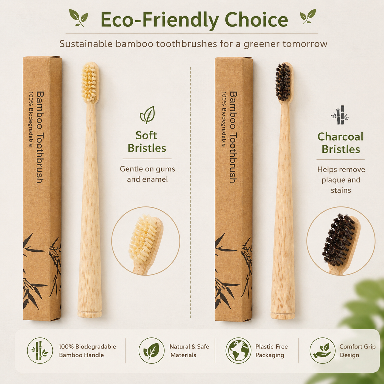 2PCS Bamboo Toothbrush Set Eco Friendly Biodegradable Wooden Toothbrush Soft Bristles Charcoal Bristle Natural Bamboo Handle Oral Care Travel Tooth Brush