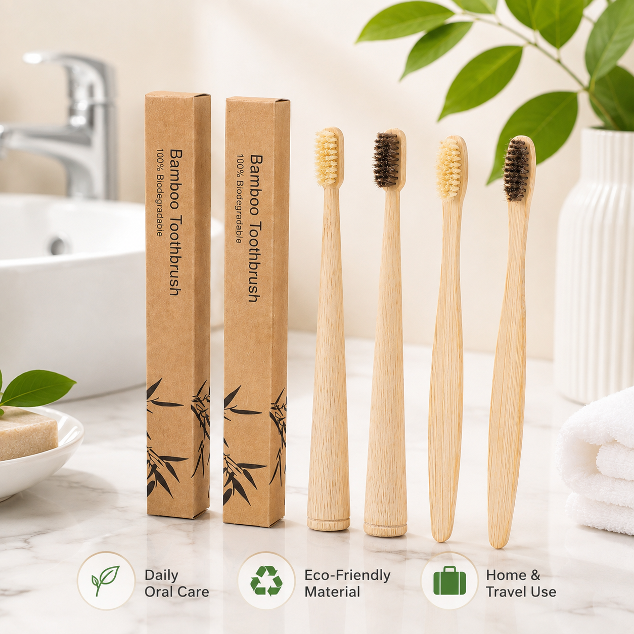 2PCS Bamboo Toothbrush Set Eco Friendly Biodegradable Wooden Toothbrush Soft Bristles Charcoal Bristle Natural Bamboo Handle Oral Care Travel Tooth Brush