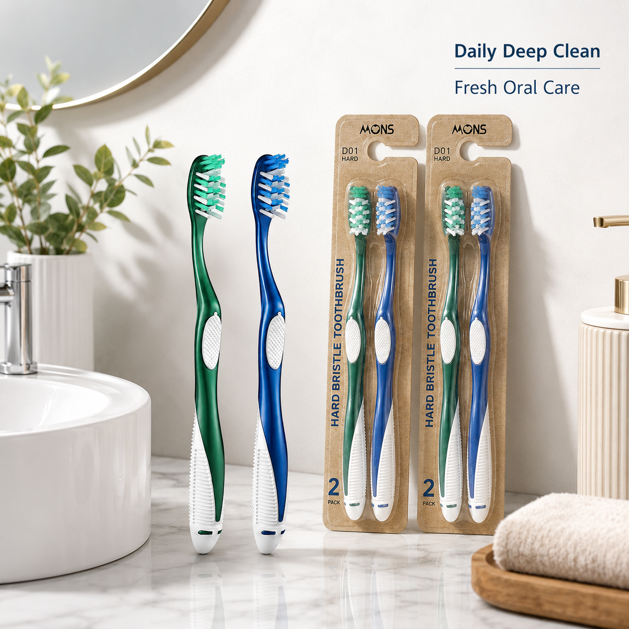 6 Pack Hard Bristle Toothbrush Set for Adults, Deep Cleaning Manual Toothbrush with Dense Wave Bristles, Non-Slip Grip, Ergonomic Handle, Green & Blue