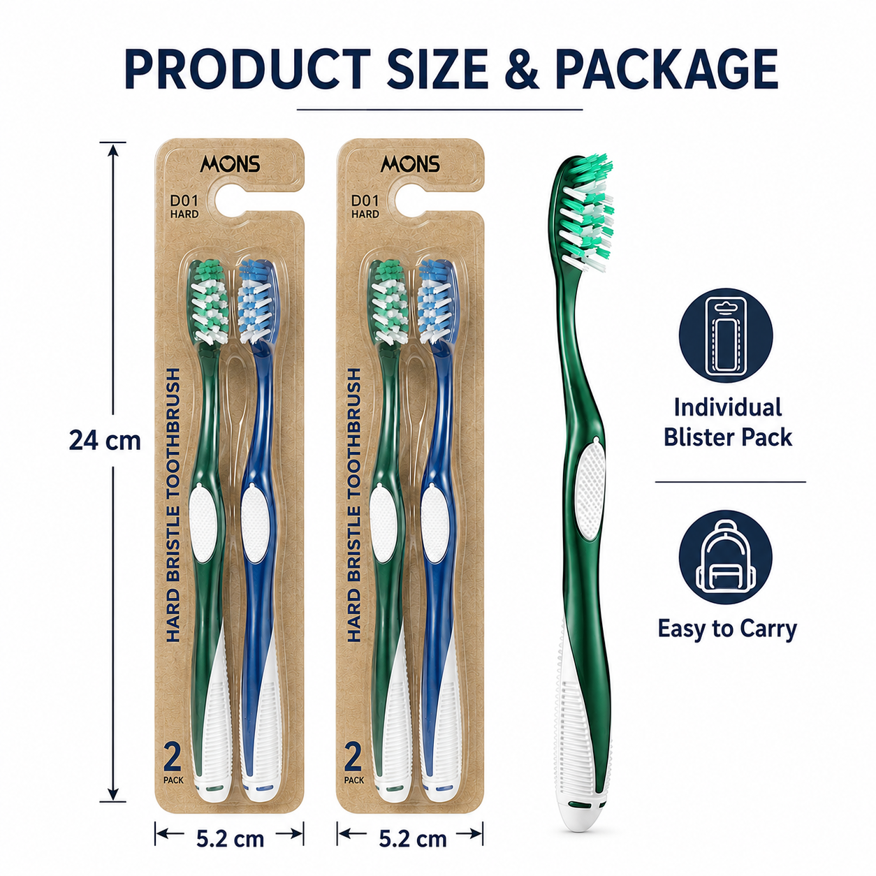 6 Pack Hard Bristle Toothbrush Set for Adults, Deep Cleaning Manual Toothbrush with Dense Wave Bristles, Non-Slip Grip, Ergonomic Handle, Green & Blue