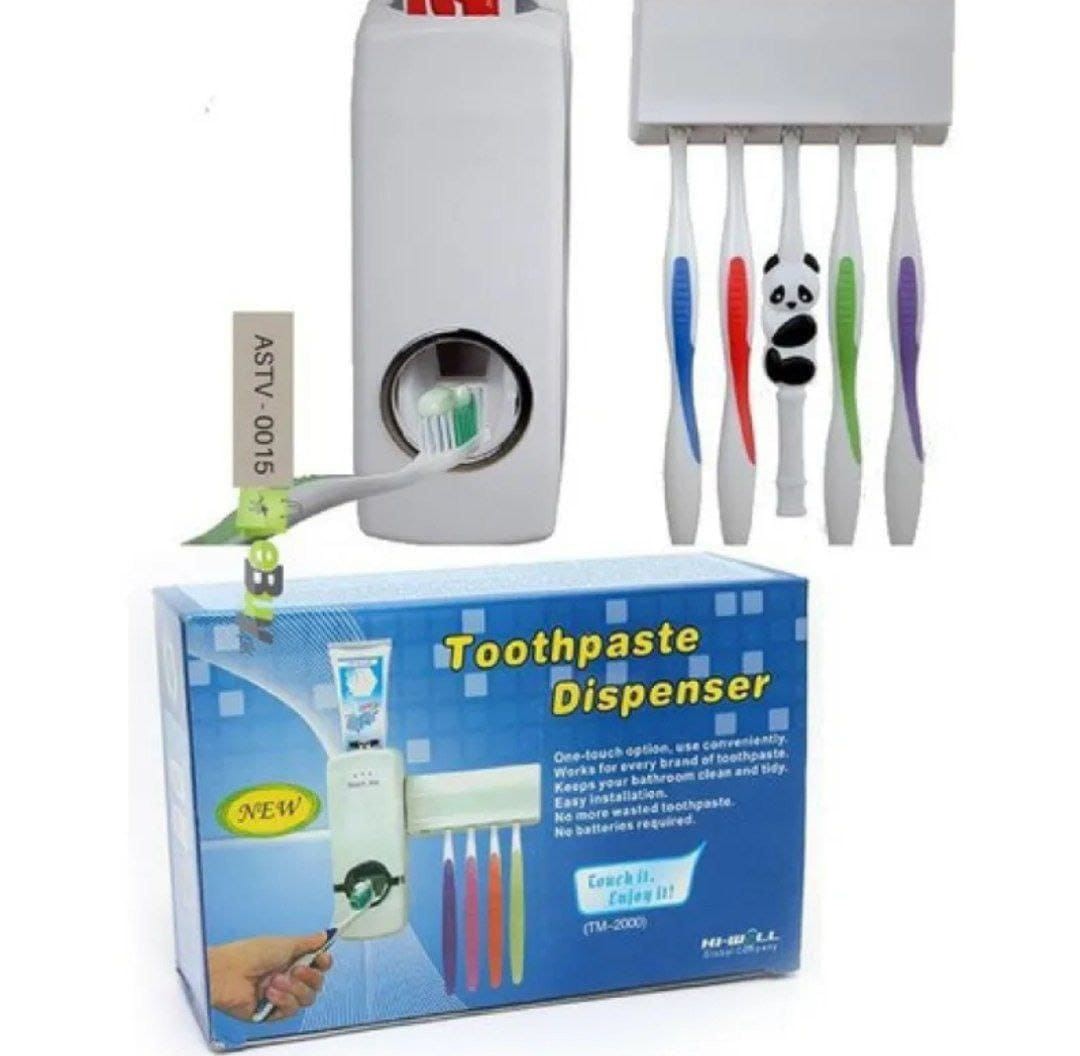 Automatic Toothpaste Dispenser with 5-Slot Toothbrush Holder Set | Wall-Mounted Hands-Free Toothpaste Squeezer Kit for Bathroom
