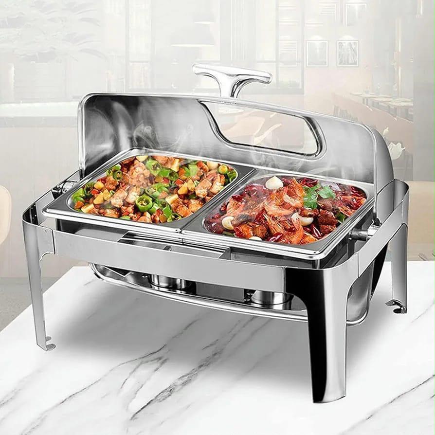 Roll-Top Chafing Dish – Stainless Steel with Gold Legs- Serve your meals elegantly with this Roll-Top Chafing Dish, made with a durable stainless-steel body and stylish gold-finished legs.