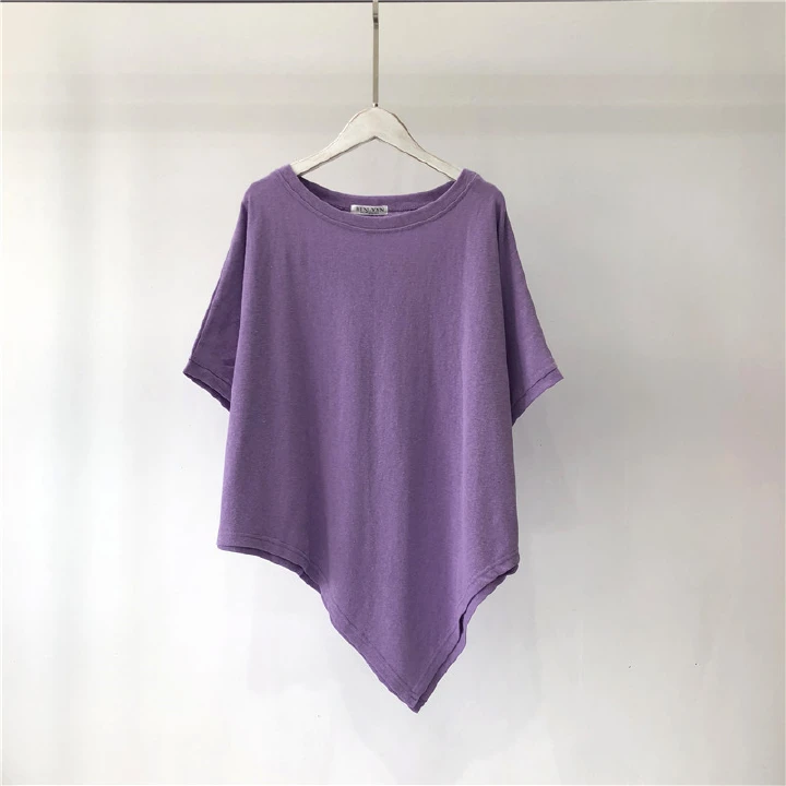 Cotton solid color irregular hem summer short sleeved T-shirt women's loose round neck solid color base shirt top women's clothing