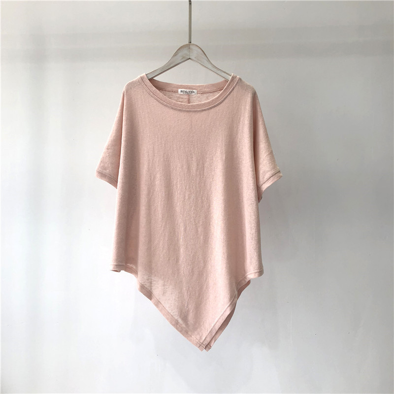 Cotton solid color irregular hem summer short sleeved T-shirt women's loose round neck solid color base shirt top women's clothing