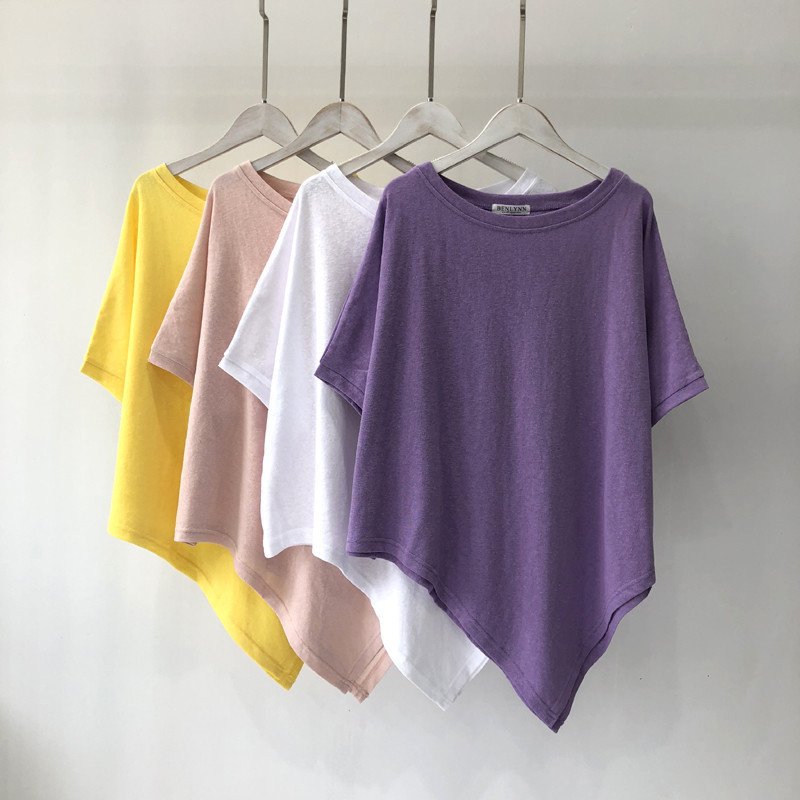 Cotton solid color irregular hem summer short sleeved T-shirt women's loose round neck solid color base shirt top women's clothing