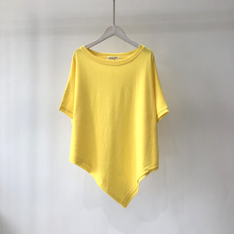 Cotton solid color irregular hem summer short sleeved T-shirt women's loose round neck solid color base shirt top women's clothing