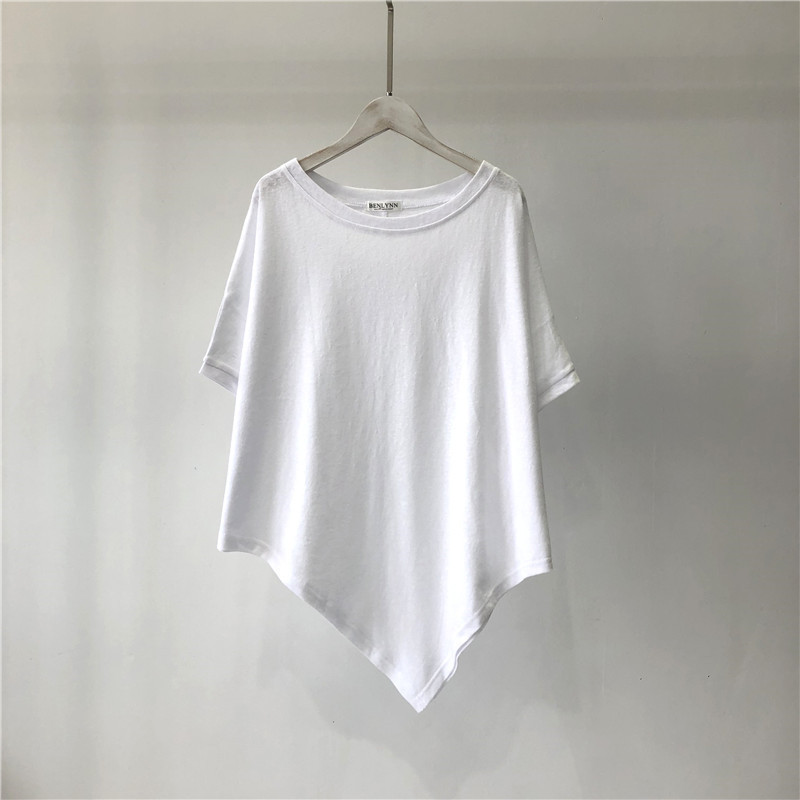 Cotton solid color irregular hem summer short sleeved T-shirt women's loose round neck solid color base shirt top women's clothing