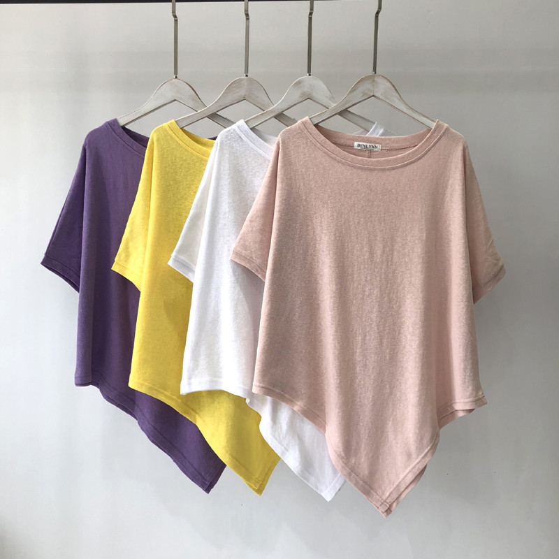 Cotton solid color irregular hem summer short sleeved T-shirt women's loose round neck solid color base shirt top women's clothing