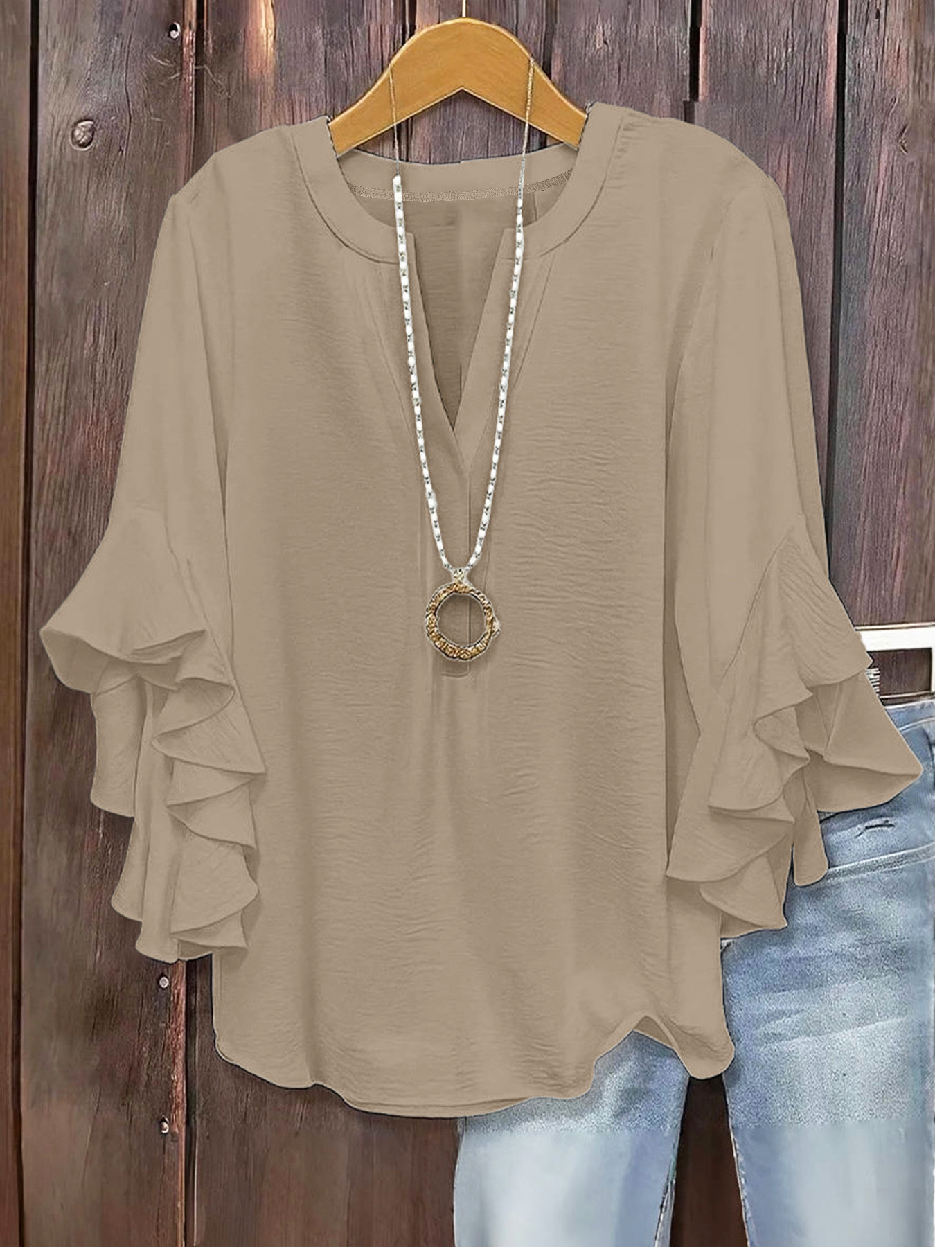 2026 European and American cross-border Amazon hot item solid color loose casual lotus leaf seven quarter sleeves fashionable and versatile V-neck plus size women's clothing (actual product without ac