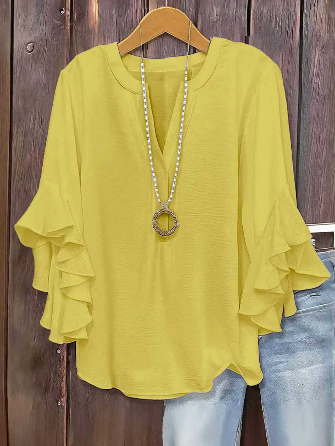 2026 European and American cross-border Amazon hot item solid color loose casual lotus leaf seven quarter sleeves fashionable and versatile V-neck plus size women's clothing (actual product without ac