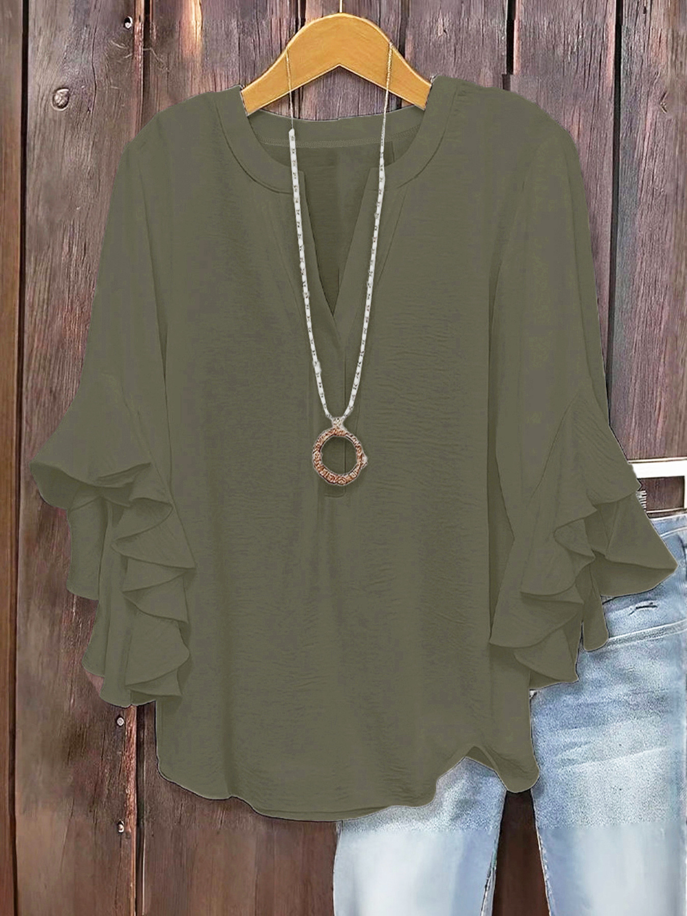 2026 European and American cross-border Amazon hot item solid color loose casual lotus leaf seven quarter sleeves fashionable and versatile V-neck plus size women's clothing (actual product without ac