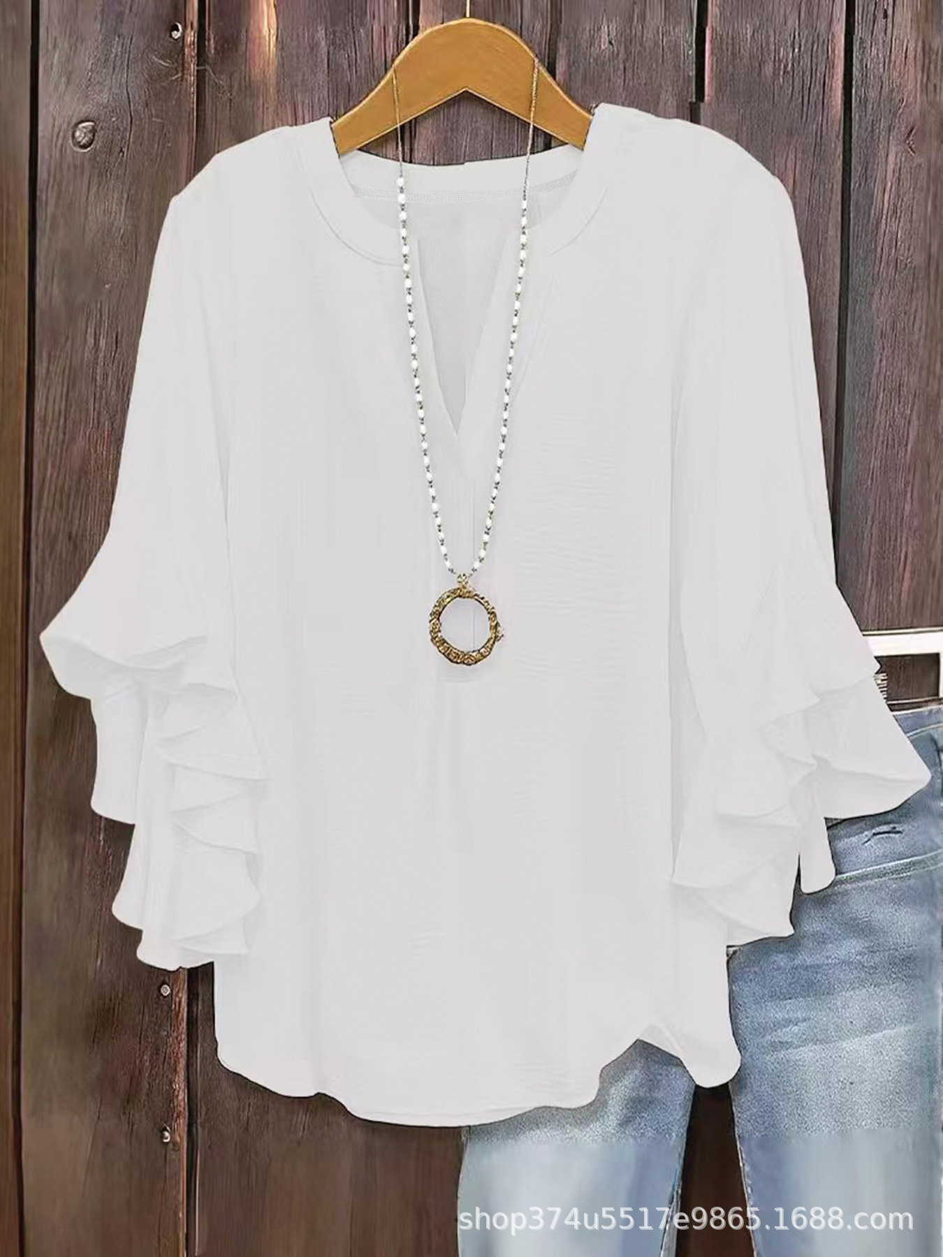 2026 European and American cross-border Amazon hot item solid color loose casual lotus leaf seven quarter sleeves fashionable and versatile V-neck plus size women's clothing (actual product without ac