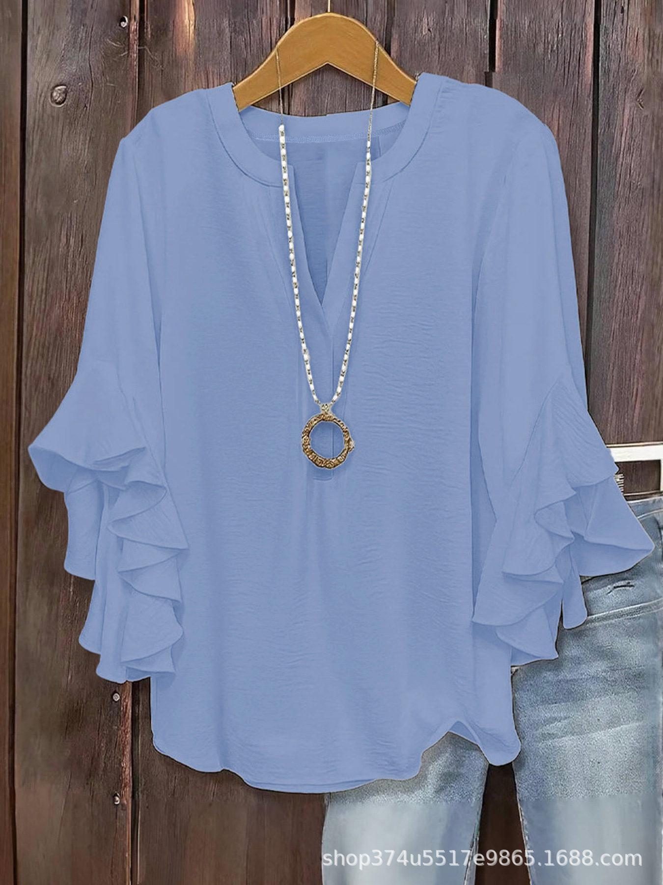 2026 European and American cross-border Amazon hot item solid color loose casual lotus leaf seven quarter sleeves fashionable and versatile V-neck plus size women's clothing (actual product without ac