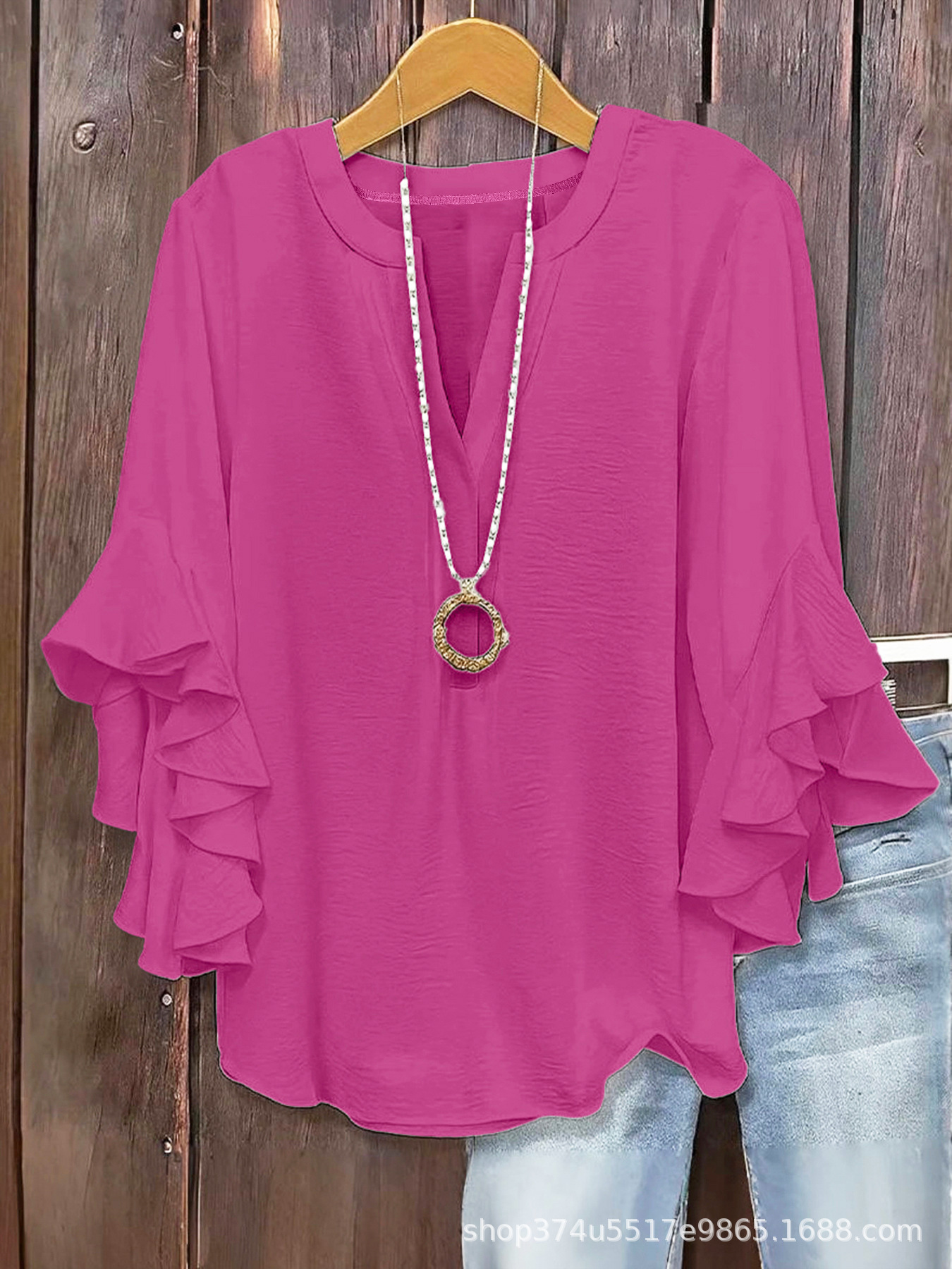 2026 European and American cross-border Amazon hot item solid color loose casual lotus leaf seven quarter sleeves fashionable and versatile V-neck plus size women's clothing (actual product without ac