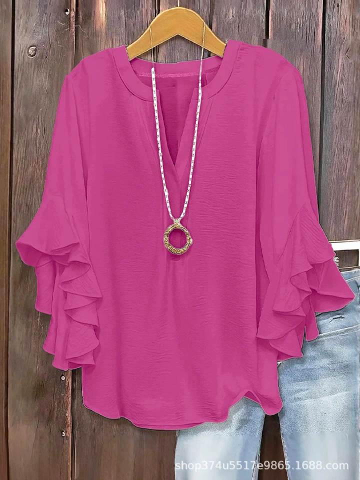 2026 European and American cross-border Amazon hot item solid color loose casual lotus leaf seven quarter sleeves fashionable and versatile V-neck plus size women's clothing (actual product without ac