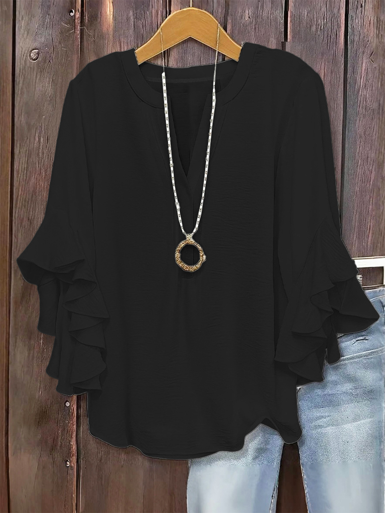 2026 European and American cross-border Amazon hot item solid color loose casual lotus leaf seven quarter sleeves fashionable and versatile V-neck plus size women's clothing (actual product without ac