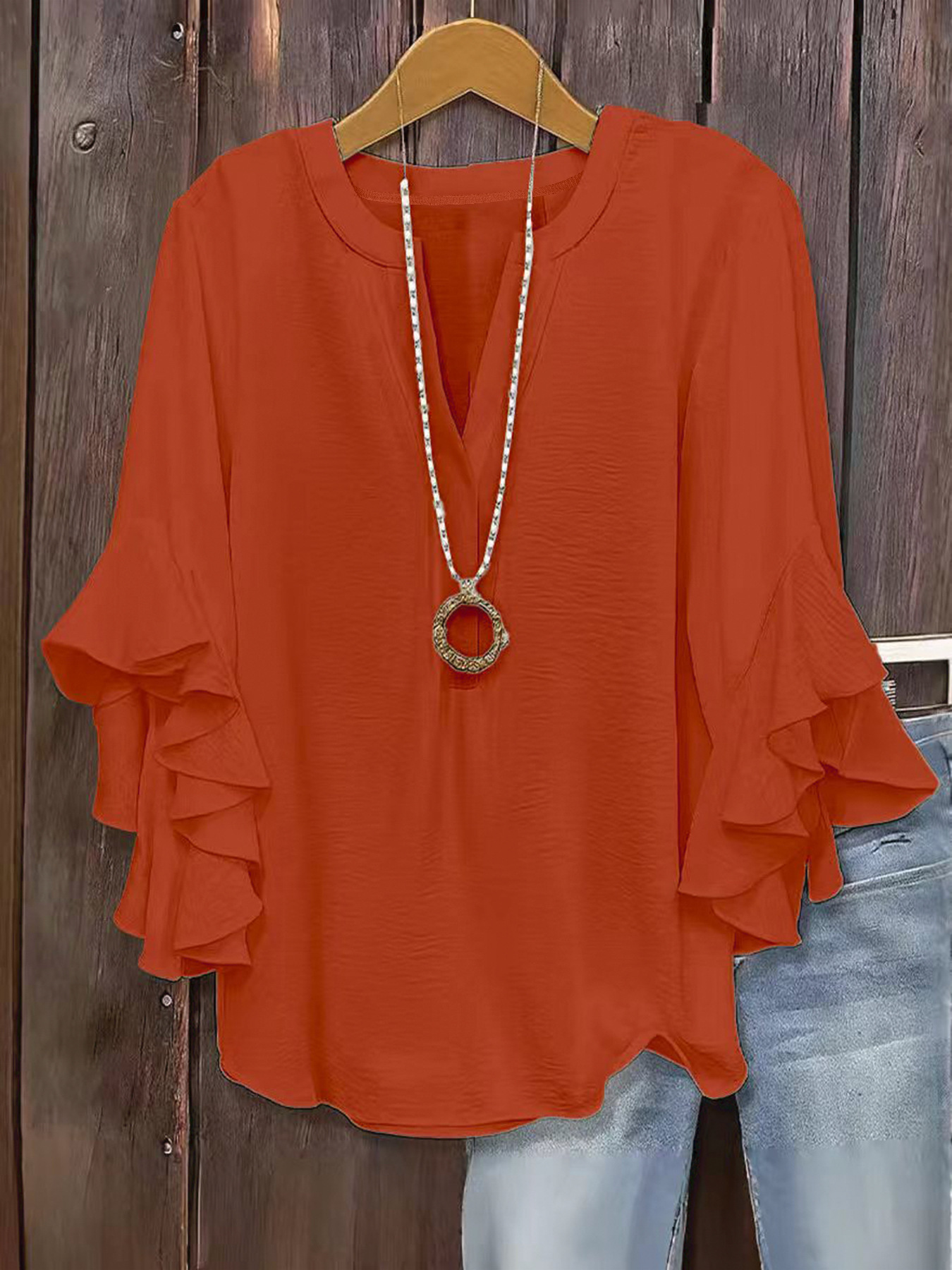 2026 European and American cross-border Amazon hot item solid color loose casual lotus leaf seven quarter sleeves fashionable and versatile V-neck plus size women's clothing (actual product without ac