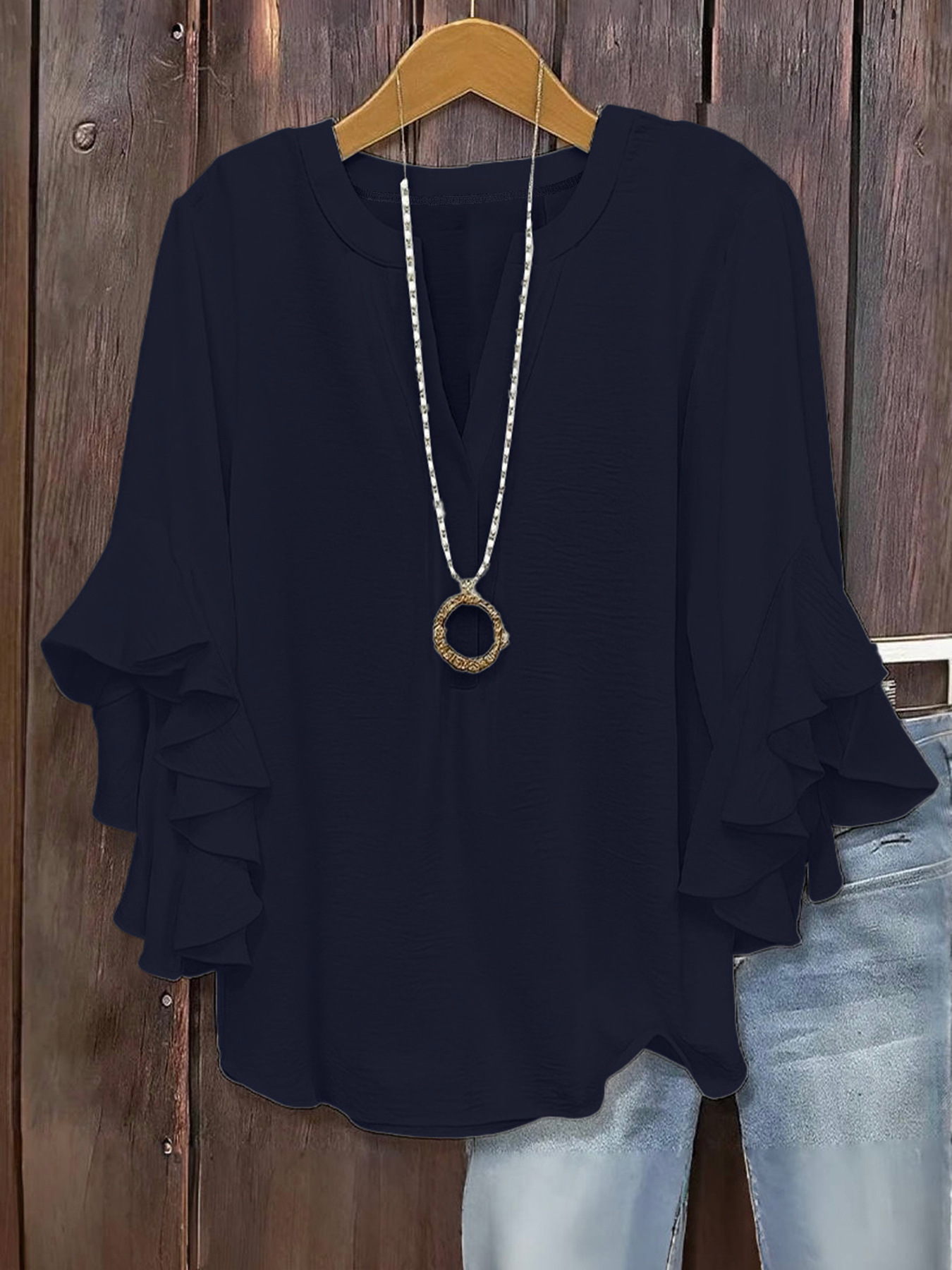 2026 European and American cross-border Amazon hot item solid color loose casual lotus leaf seven quarter sleeves fashionable and versatile V-neck plus size women's clothing (actual product without ac