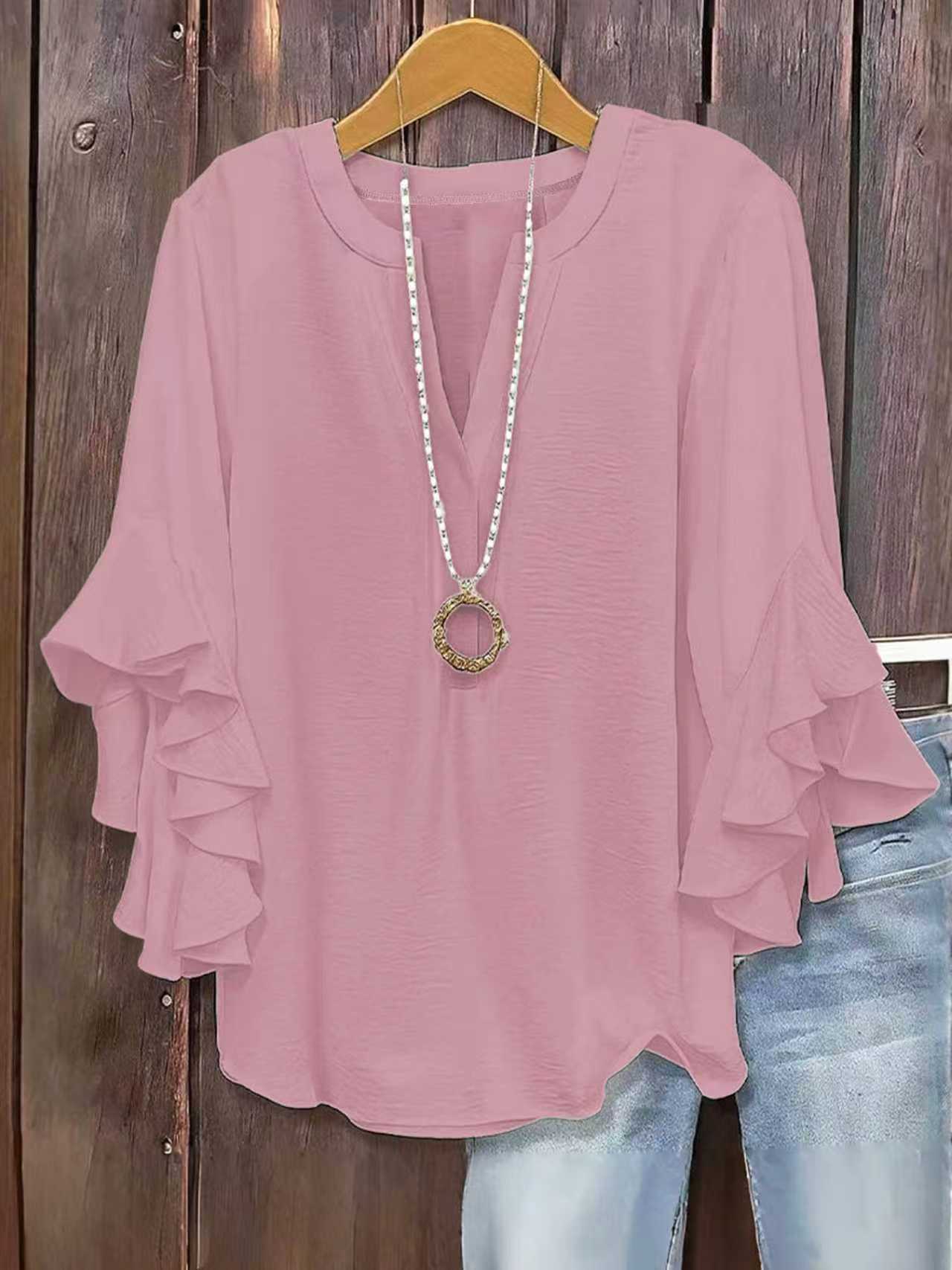 2026 European and American cross-border Amazon hot item solid color loose casual lotus leaf seven quarter sleeves fashionable and versatile V-neck plus size women's clothing (actual product without ac