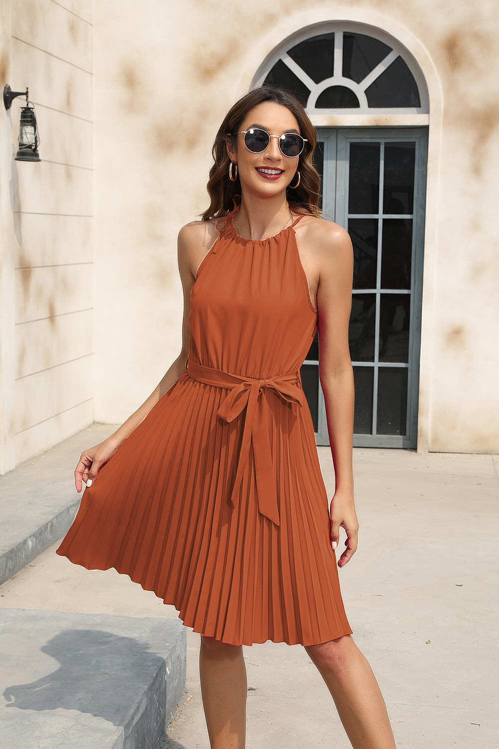 New Spring/Summer Women's Clothing Solid Color Waist Strap Dress Party Dress, V-neck Sleeveless Bottom Skirt Vacation Style, Fashionable Trend Dress, Stylish and Slim Versatile Dress