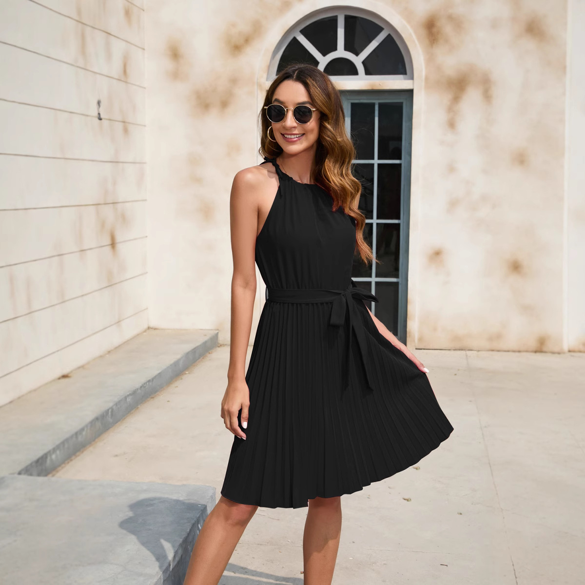 New Spring/Summer Women's Clothing Solid Color Waist Strap Dress Party Dress, V-neck Sleeveless Bottom Skirt Vacation Style, Fashionable Trend Dress, Stylish and Slim Versatile Dress
