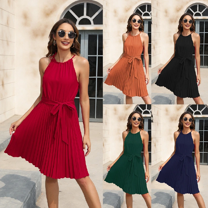 New Spring/Summer Women's Clothing Solid Color Waist Strap Dress Party Dress, V-neck Sleeveless Bottom Skirt Vacation Style, Fashionable Trend Dress, Stylish and Slim Versatile Dress