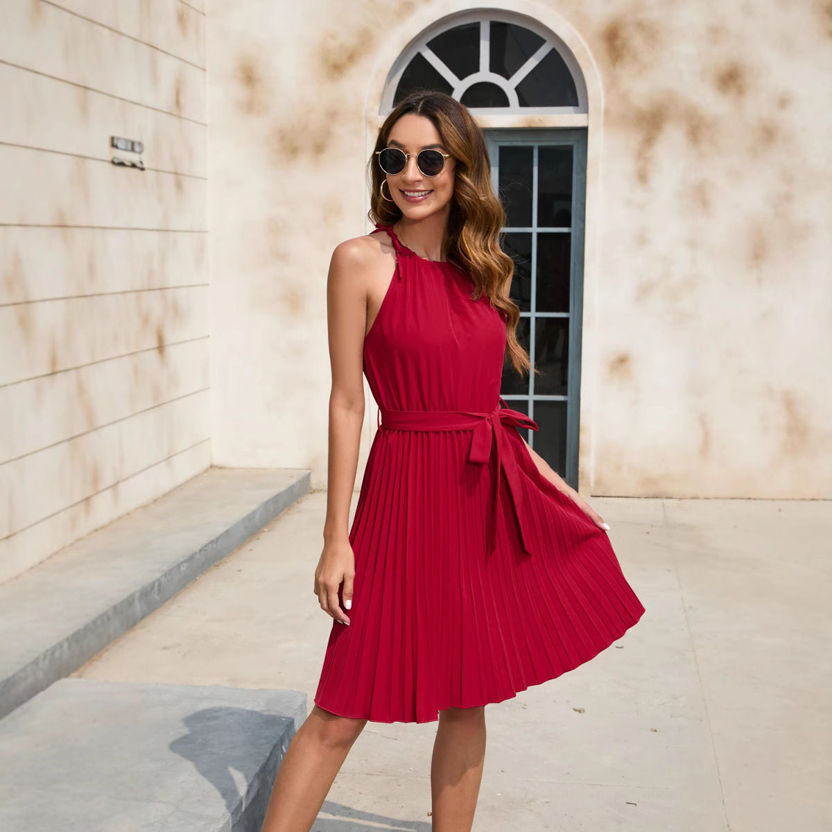 New Spring/Summer Women's Clothing Solid Color Waist Strap Dress Party Dress, V-neck Sleeveless Bottom Skirt Vacation Style, Fashionable Trend Dress, Stylish and Slim Versatile Dress