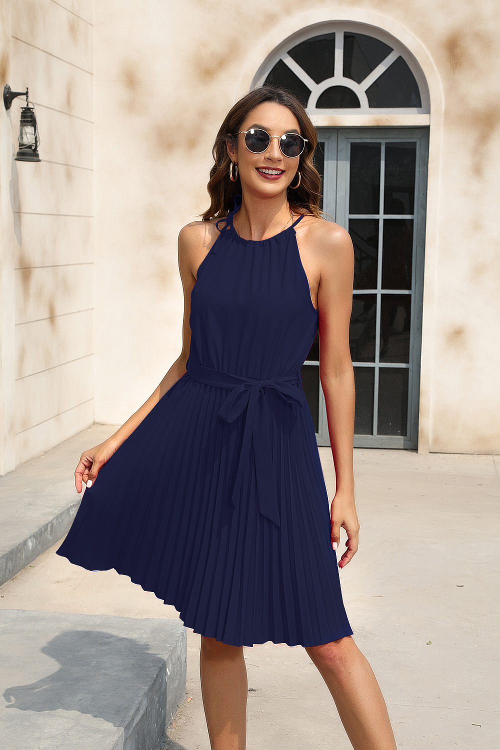 New Spring/Summer Women's Clothing Solid Color Waist Strap Dress Party Dress, V-neck Sleeveless Bottom Skirt Vacation Style, Fashionable Trend Dress, Stylish and Slim Versatile Dress