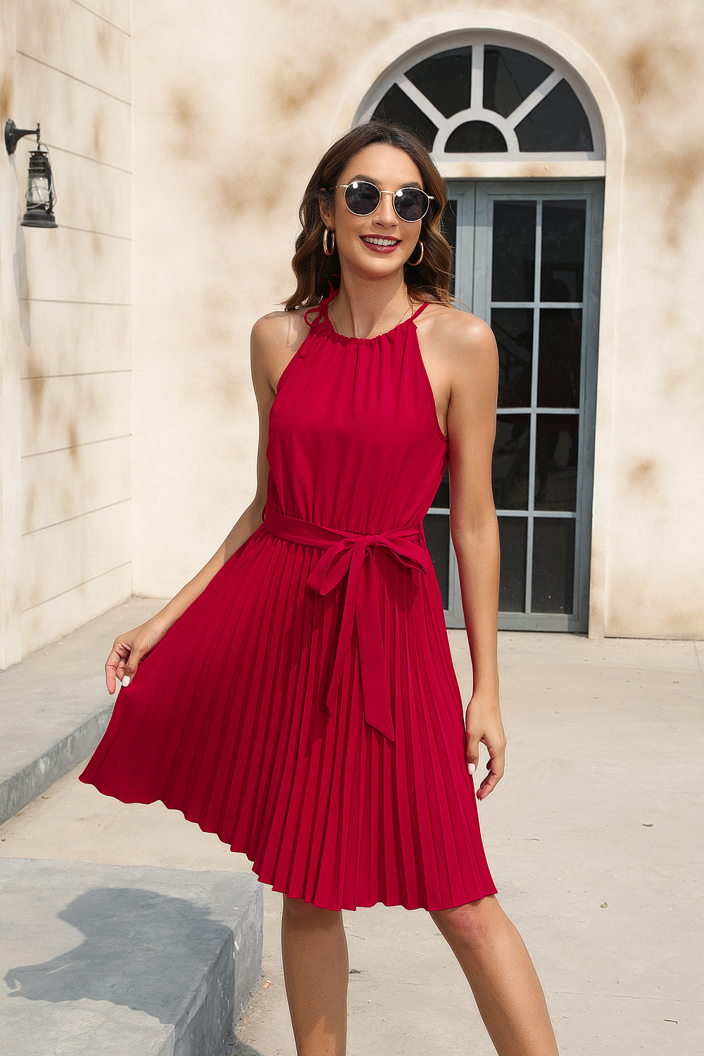 New Spring/Summer Women's Clothing Solid Color Waist Strap Dress Party Dress, V-neck Sleeveless Bottom Skirt Vacation Style, Fashionable Trend Dress, Stylish and Slim Versatile Dress