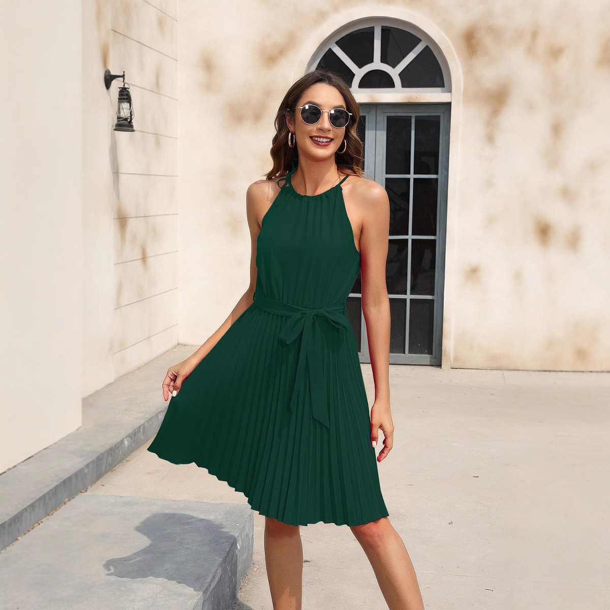 New Spring/Summer Women's Clothing Solid Color Waist Strap Dress Party Dress, V-neck Sleeveless Bottom Skirt Vacation Style, Fashionable Trend Dress, Stylish and Slim Versatile Dress