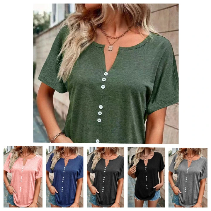 Amazon's new solid color European and American women's clothing, soft and fashionable versatile small V-neck top, solid color short sleeved plus size T-shirt for women