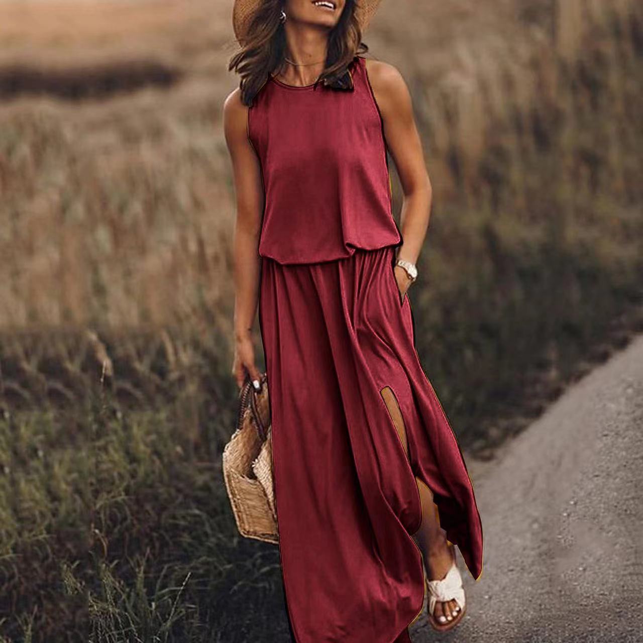 New summer Amazon European and American minimalist women's clothing, comfortable solid color round neck sleeveless slit dress for women, casual and fashionable slimming dress for women