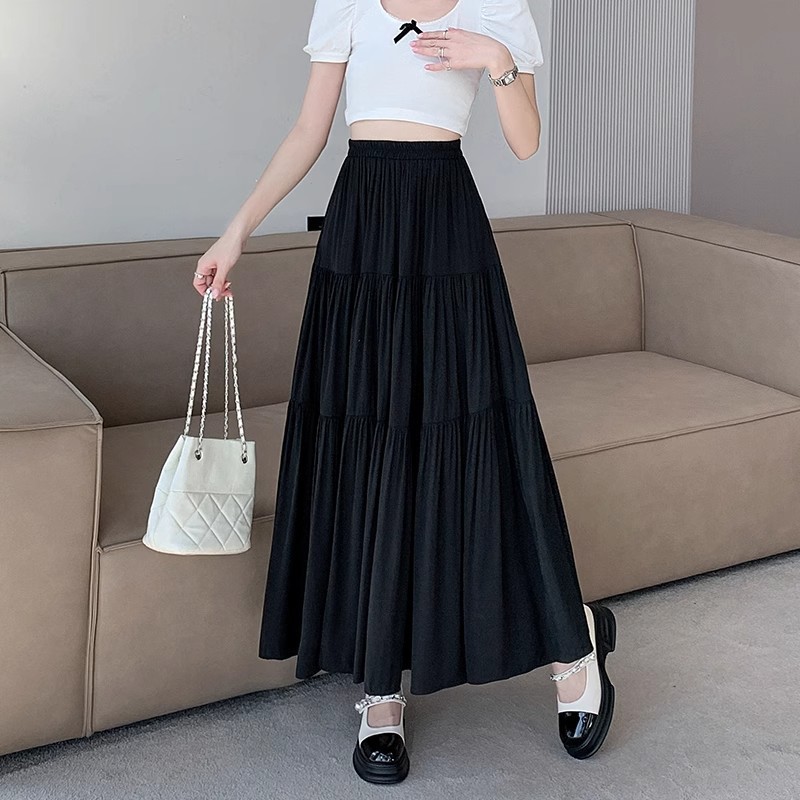 New cake skirt, high waist slimming pear shaped figure, A-line large display white long skirt, solid color versatile temperament commuting skirt for women