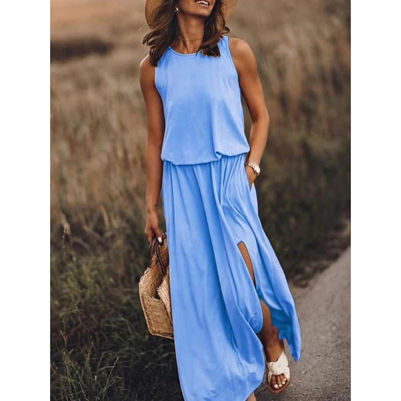 New summer Amazon European and American minimalist women's clothing, comfortable solid color round neck sleeveless slit dress for women, casual and fashionable slimming dress for women