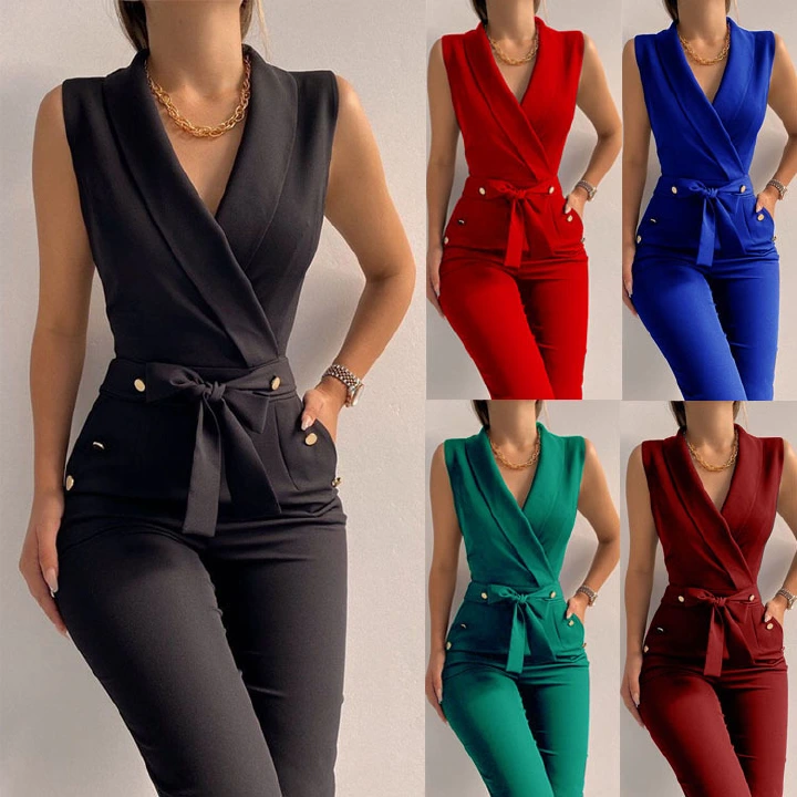 European and American spring and summer fashion temperament slimming women's clothing, Amazon twist button V-neck sleeveless slim fit jumpsuit professional wear,