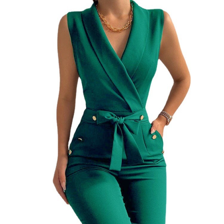 European and American spring and summer fashion temperament slimming women's clothing, Amazon twist button V-neck sleeveless slim fit jumpsuit professional wear,