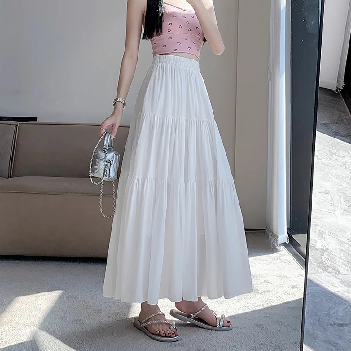 New cake skirt, high waist slimming pear shaped figure, A-line large display white long skirt, solid color versatile temperament commuting skirt for women