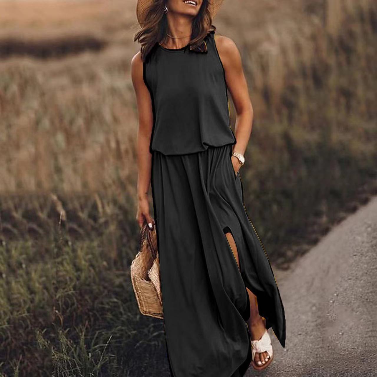 New summer Amazon European and American minimalist women's clothing, comfortable solid color round neck sleeveless slit dress for women, casual and fashionable slimming dress for women