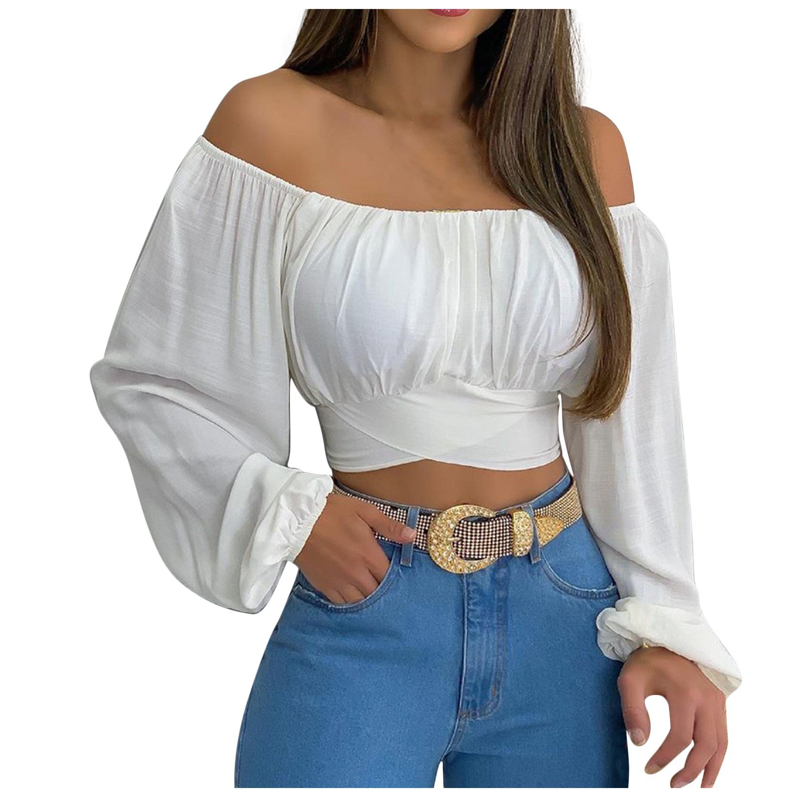 Summer and Spring European and American Fashion Sexy Women's Clothing, Amazon Independent Station Hot Selling Women's Off Shoulder Cross Strap Long Sleeve Top,