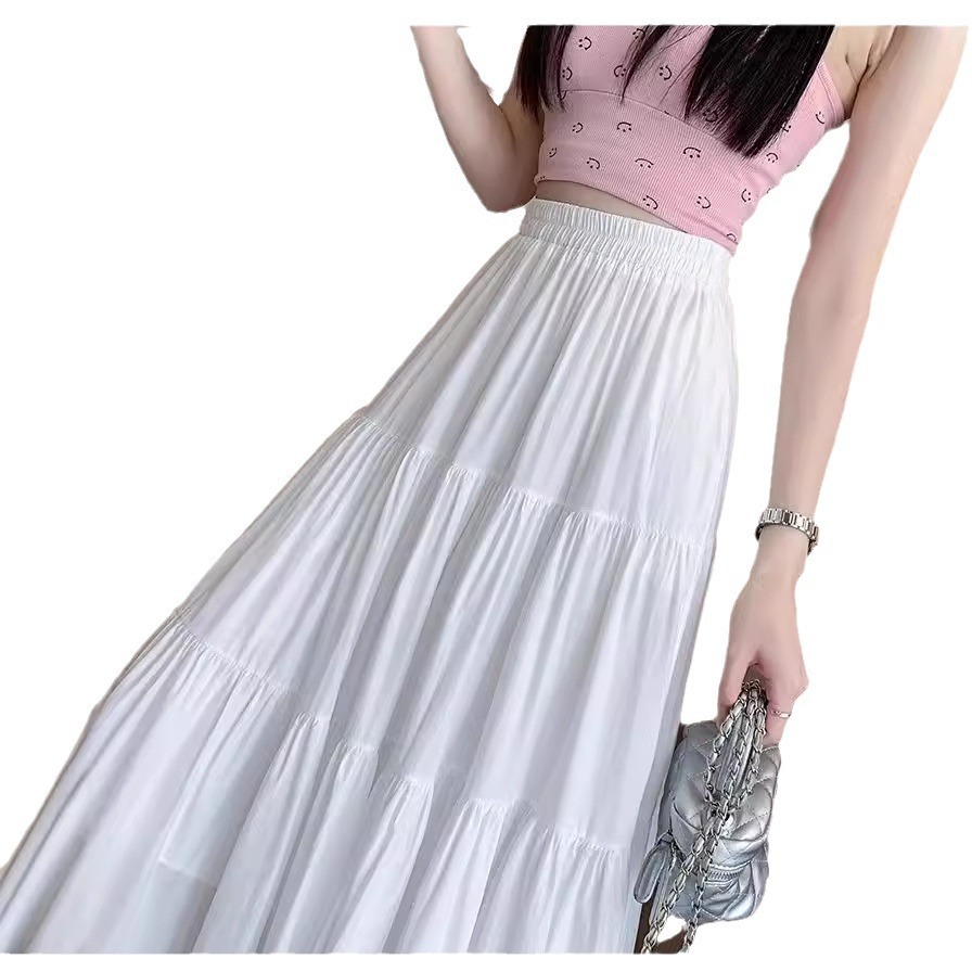 New cake skirt, high waist slimming pear shaped figure, A-line large display white long skirt, solid color versatile temperament commuting skirt for women
