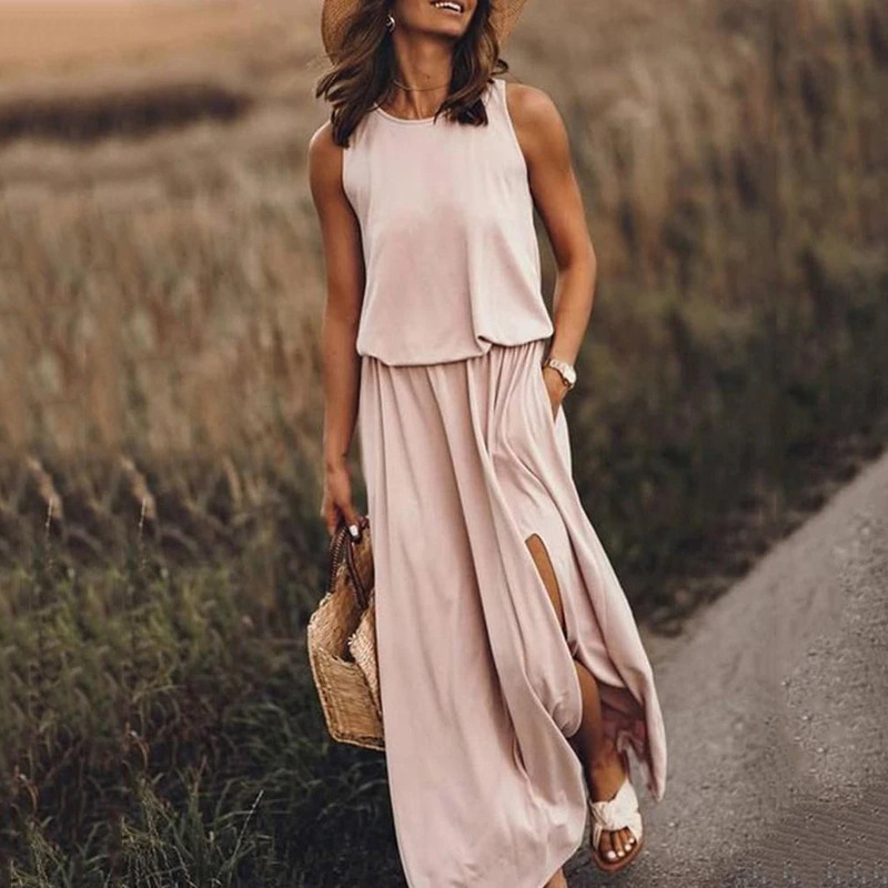 New summer Amazon European and American minimalist women's clothing, comfortable solid color round neck sleeveless slit dress for women, casual and fashionable slimming dress for women