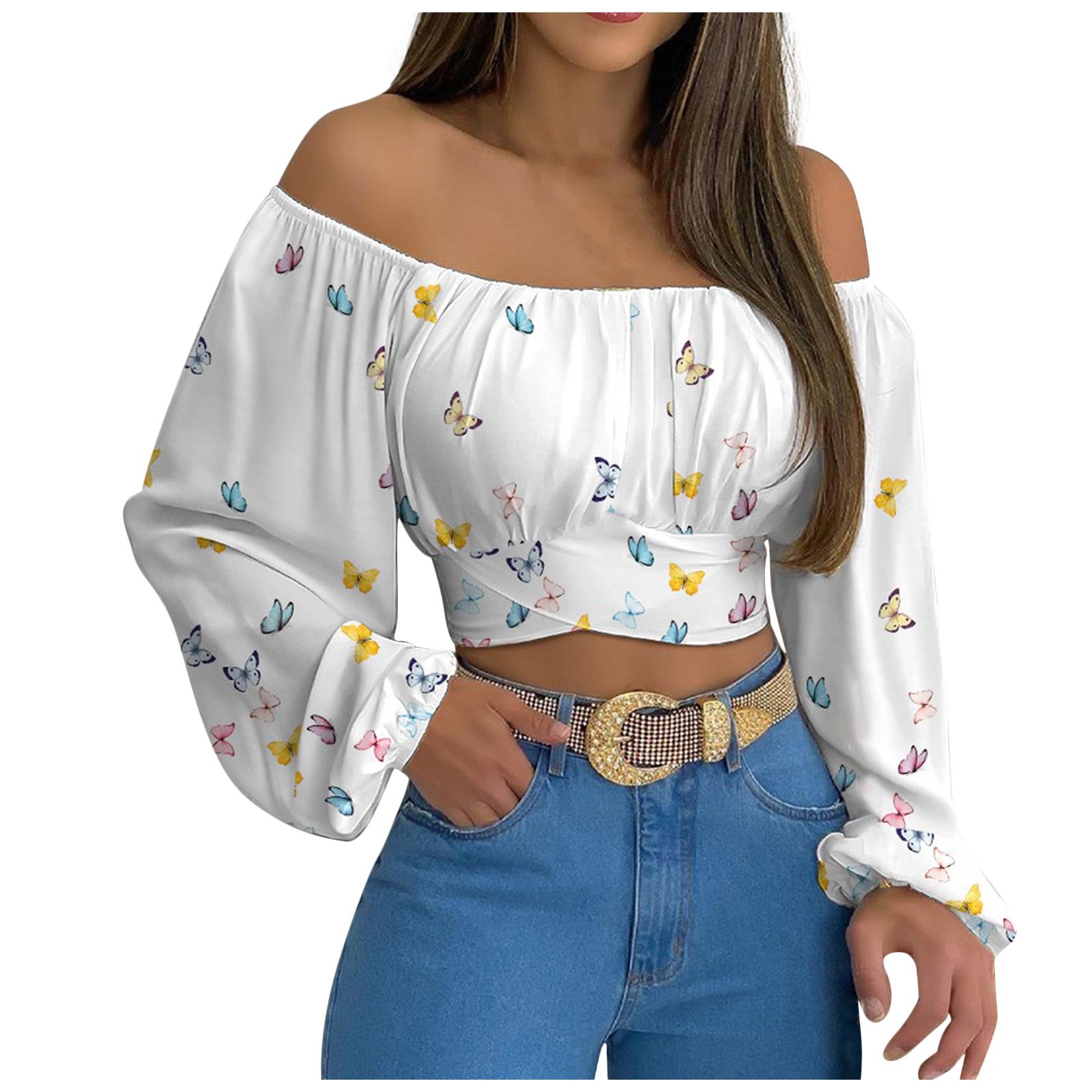 Summer and Spring European and American Fashion Sexy Women's Clothing, Amazon Independent Station Hot Selling Women's Off Shoulder Cross Strap Long Sleeve Top,