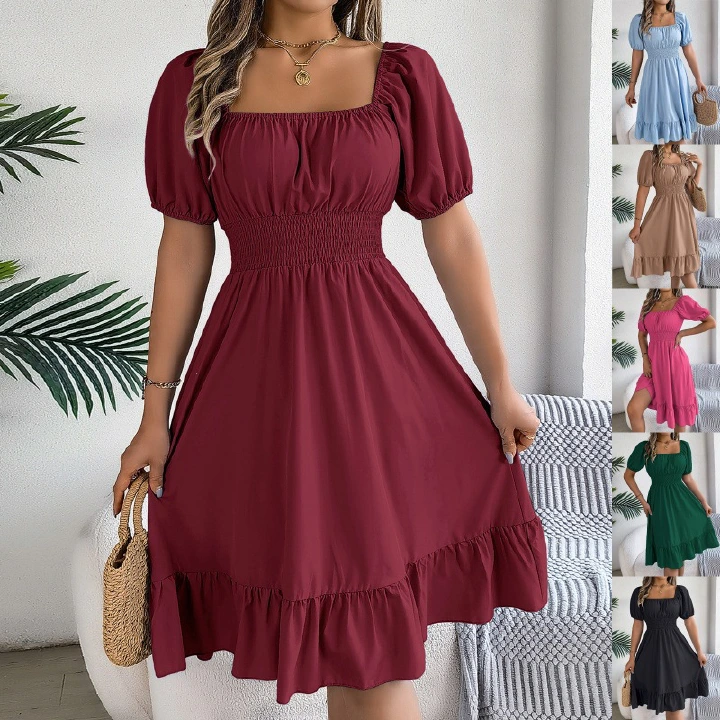 2026 spring/summer new European and American casual square neck short sleeved waist cinched ruffle A-line skirt, fashionable slimming dress, independent cross-border women's clothing station
