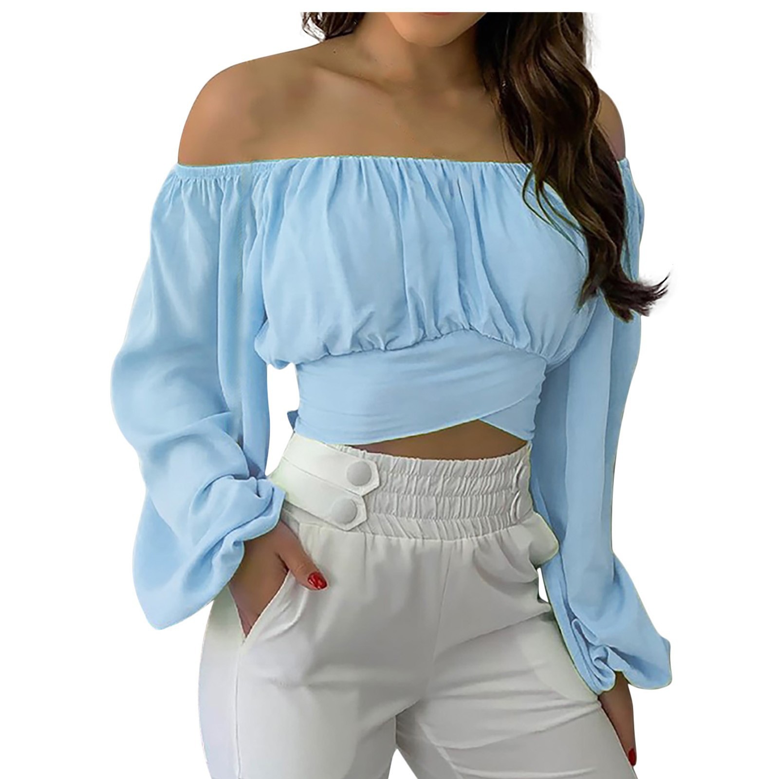 Summer and Spring European and American Fashion Sexy Women's Clothing, Amazon Independent Station Hot Selling Women's Off Shoulder Cross Strap Long Sleeve Top,