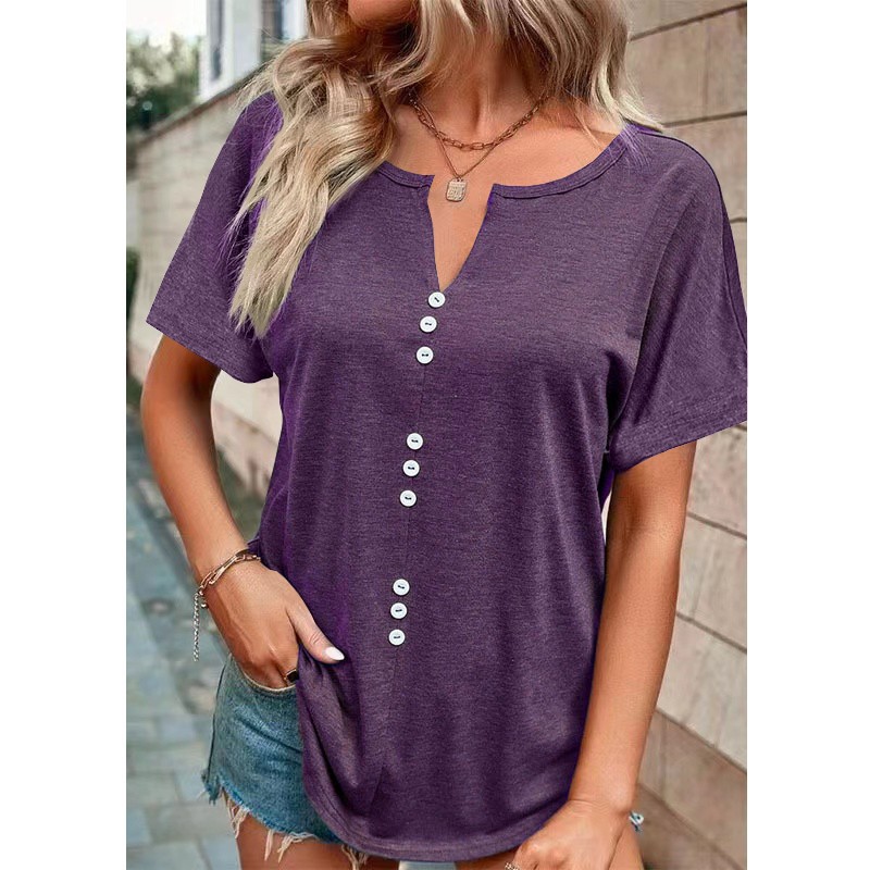 Amazon's new solid color European and American women's clothing, soft and fashionable versatile small V-neck top, solid color short sleeved plus size T-shirt for women