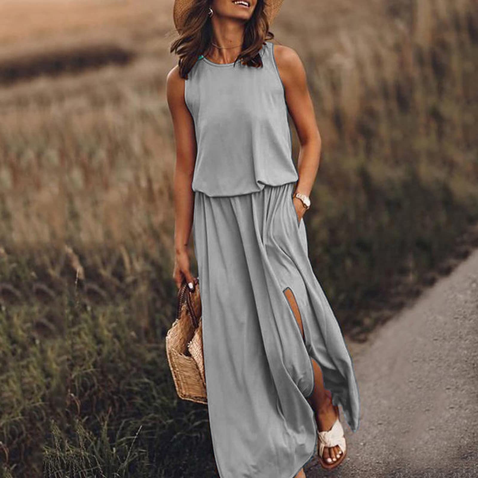 New summer Amazon European and American minimalist women's clothing, comfortable solid color round neck sleeveless slit dress for women, casual and fashionable slimming dress for women